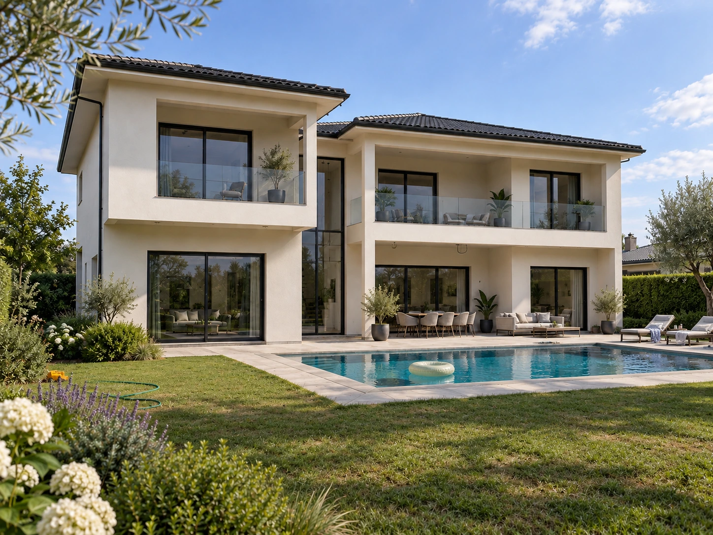 Maison à étage avec de grandes baies au rez-de-chaussée