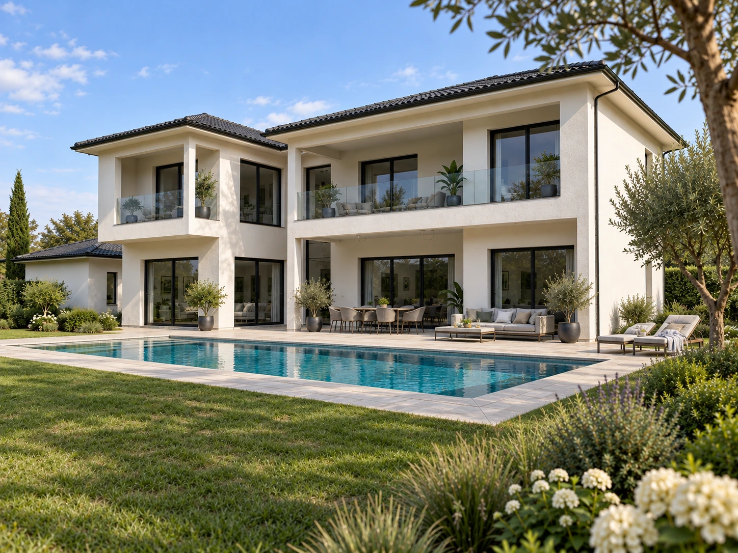 Visualisation de la maison Kwateng et de ses terrasses côté piscine
