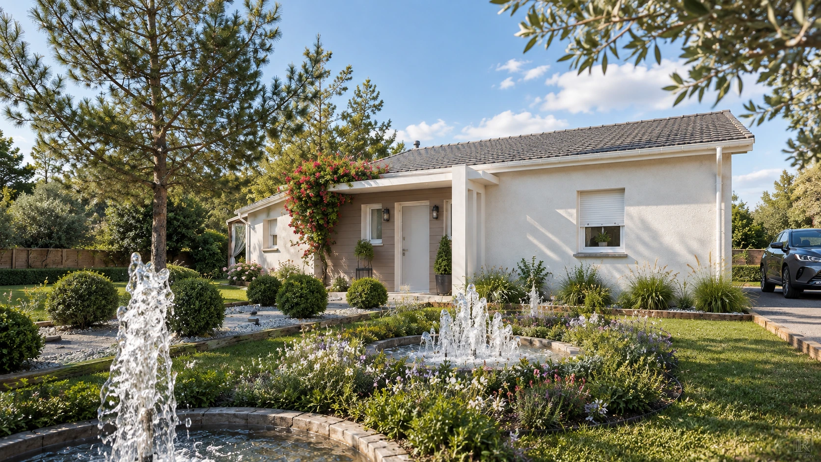 Maison de plain-pied et jardin paysager