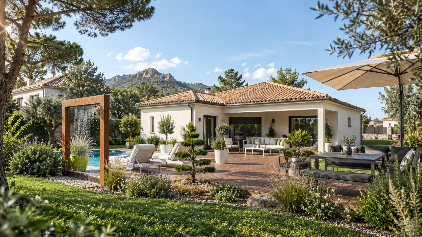 Villa de plain-pied et pergola devant la piscine