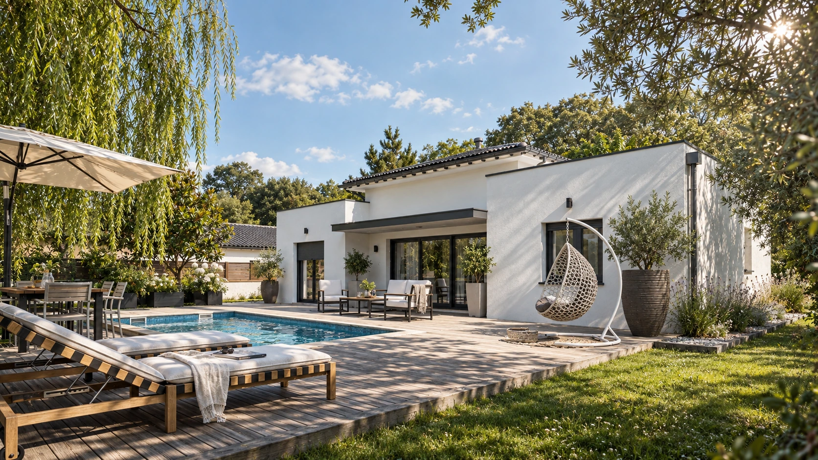 Villa blanche ouverte sur une terrasse
